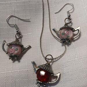 Teapot 3 Piece Charm Necklace and Dangle Earrings